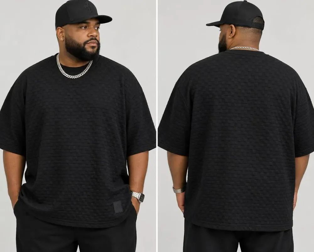 Saints Studio 5XL Black Textured Oversized T Shirt Quilted Checker Short Sleeve